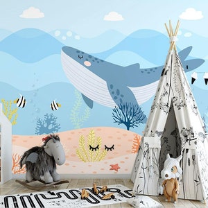 Cartoon Underwater World Whale Children&#39;s Nursery Wallpaper Wall Murals Home Decor