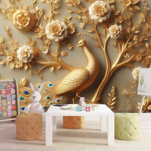 Luxury Golden Peacock and White Flowers Wallpaper Wall Mural Home Decor for Living Room Bedroom or Dinning Room