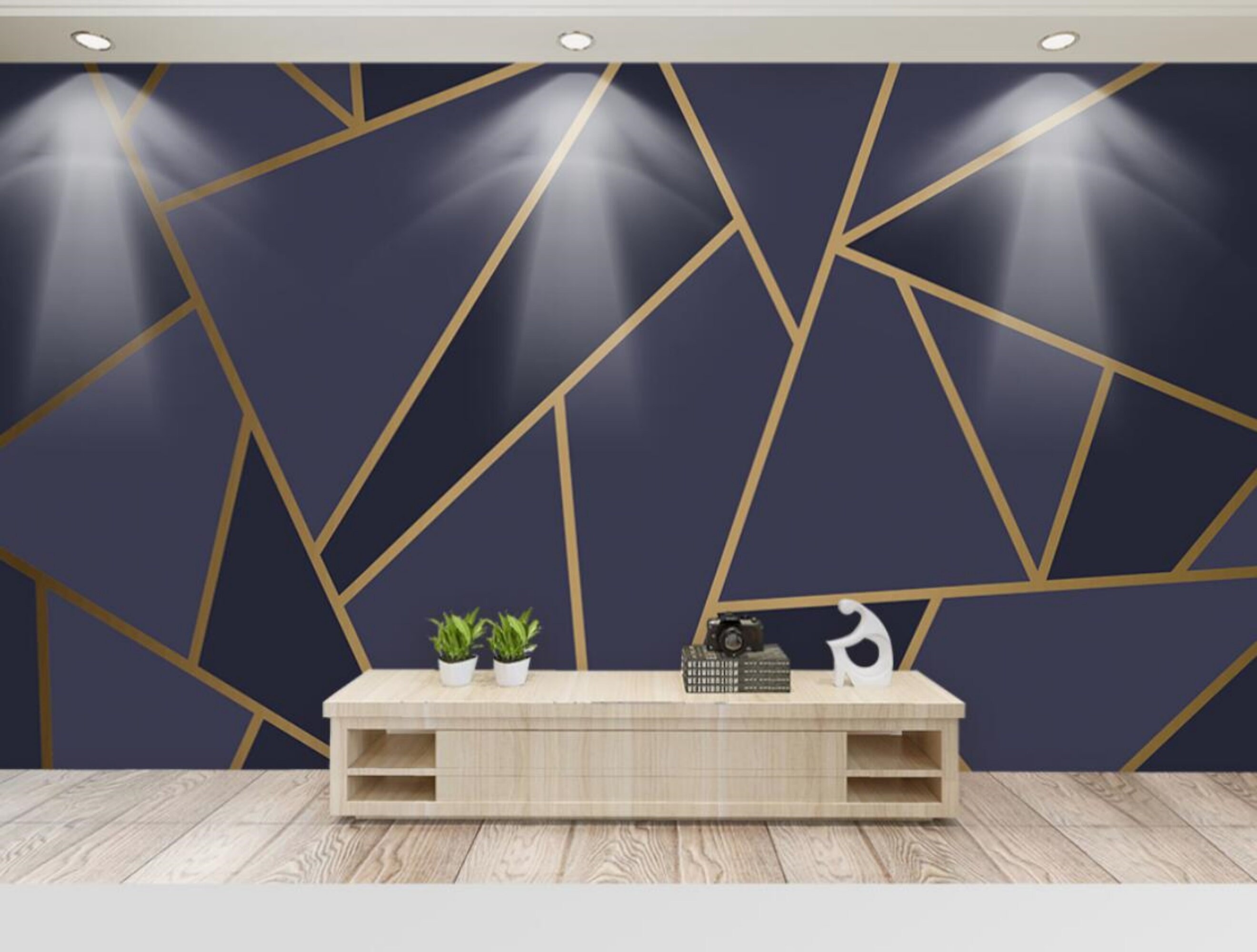 Dark Blue Geometric Wallpaper Mural: Golden Line Art, Peel & Stick