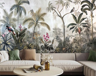 May include: A living room with a white couch and a coffee table. The wall behind the couch is a mural of a tropical jungle scene with palm trees, banana trees, and birds.