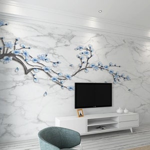 Simple Marble Hanging Plum Blue Flowers Wallpaper Wall Murals Wall Decor