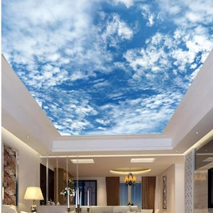 Sky Blue White Clouds Living Room Bedroom Ceiling Wallpaper Wall Mural
