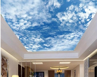 Sky Blue White Clouds Living Room Bedroom Ceiling Wallpaper Wall Mural