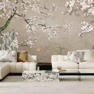 Chinoiserie Magnolia Tree with Birds and Mountains Nature Landscape Wallpaper Wall Mural Home Decor for Living Room Bedroom or Dinning Room