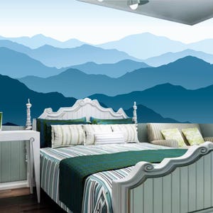 Omber Blue Cartoon Mountains Nursery Kids&#39; Babies&#39; Children&#39;s Room Wallpaper Wall Murals for Living or Dining Room