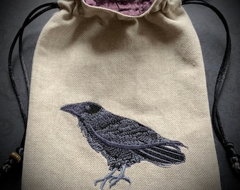 Embroidered Natural Raven Drawstring Bag, Handmade, Silk Lined