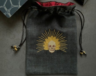 Embroidered Crowned Skull Drawstring Bag, Handmade, Silk Lined