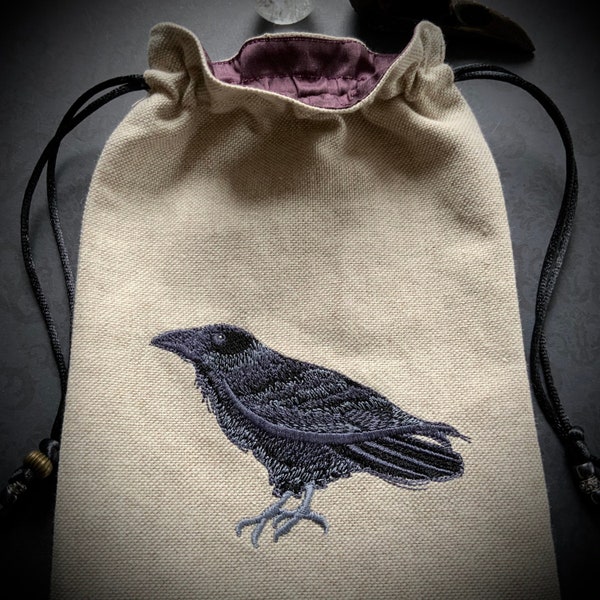 Embroidered Natural Raven Drawstring Bag, Handmade, Silk Lined