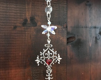 Red Crystal Heart Sun Catcher, Handmade Sun Catcher, Christening Gift, Cross Pendant Glass, Catholic Gift, Christian Hanging Mobile,