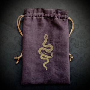 Embroidered Gold Snake on Drawstring Bag, Handmade, Silk Lined