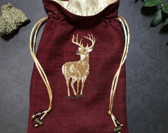 Embroidered Stag Red Drawstring Bag, Handmade, Silk Lined