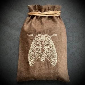 Ribcage Embroidered Drawstring Bag, Handmade, Silk Lined