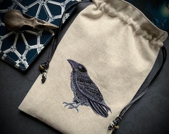 Embroidered Natural Raven Drawstring Bag, Handmade, Silk Lined