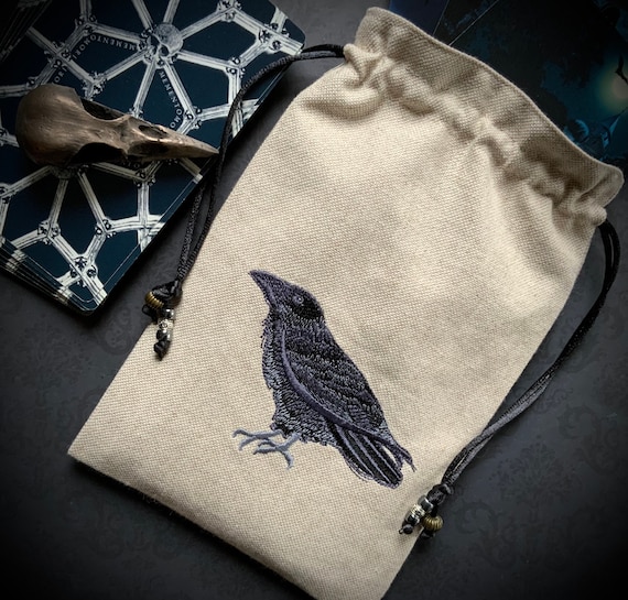 Embroidered Natural Raven Drawstring Bag, Handmade, Silk Lined