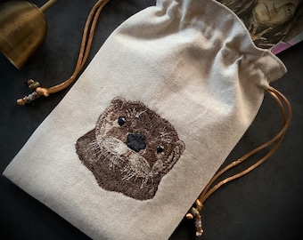 Otter Embroidered Drawstring Bag, Handmade, Silk Lined