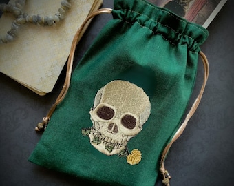 Embroidered Flora Skull Green Drawstring Bag, Handmade, Silk Lined