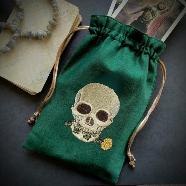 Embroidered Flora Skull Green Drawstring Bag, Handmade, Silk Lined