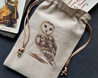 Embroidered Natural Barn Owl Drawstring Bag, Handmade, Silk Lined