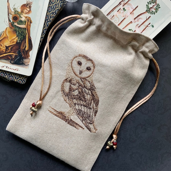 Embroidered Natural Barn Owl Drawstring Bag, Handmade, Silk Lined