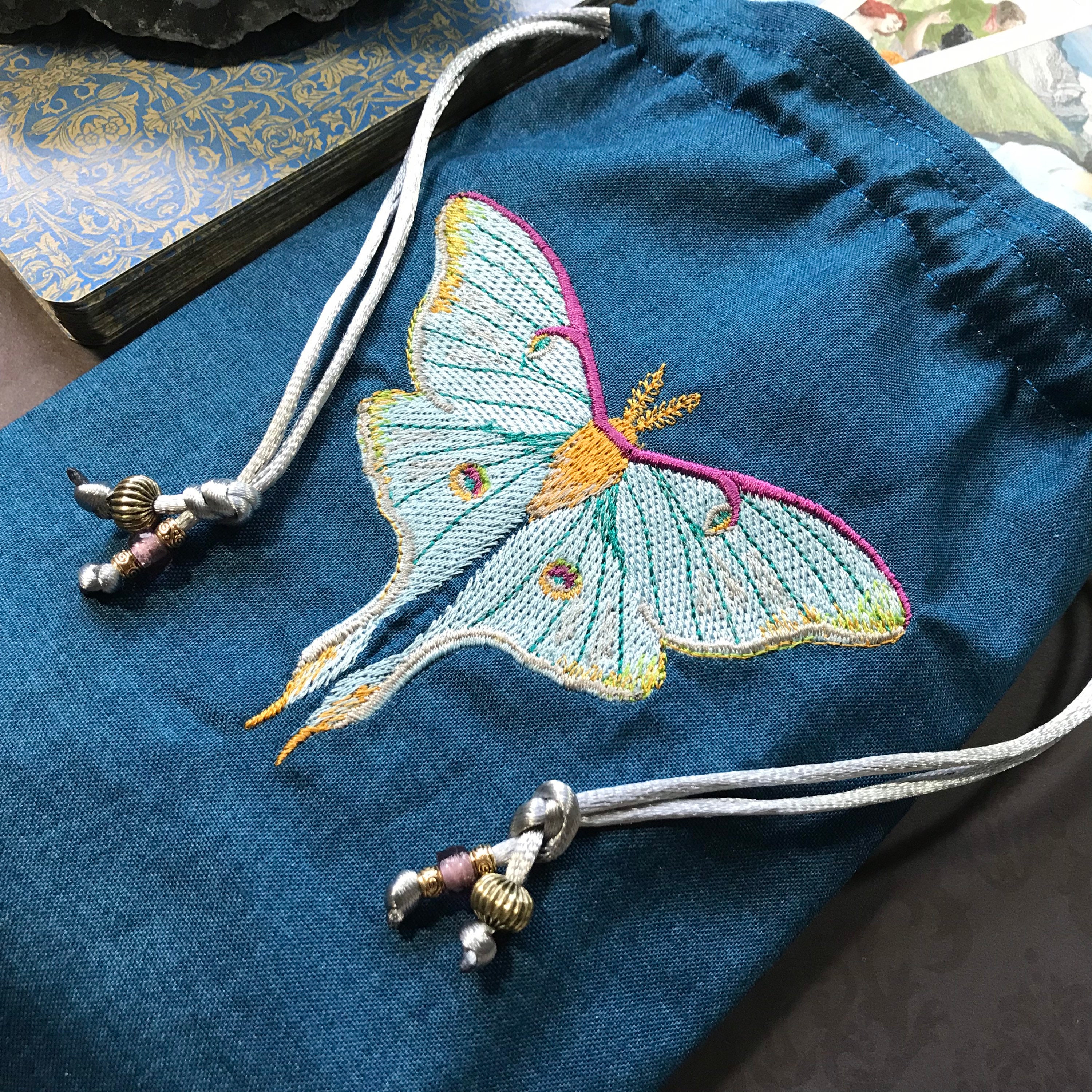Embroidered Luna Moth Drawstring Bag Handmade Silk Lined - Etsy UK