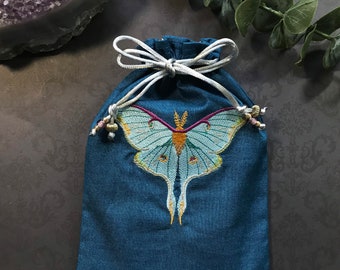 Embroidered, Luna Moth, Drawstring Bag, Handmade, Silk Lined