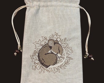 Embroidered Natural Sleeping Mouse, Drawstring Bag, Handmade, Silk Lined