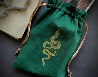 Embroidered Gold Snake Drawstring Bag, Handmade, Silk Lined