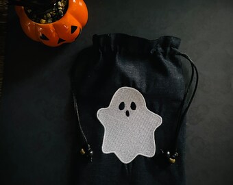 Embroidered Ghost Drawstring Bag, Handmade, Silk Lined