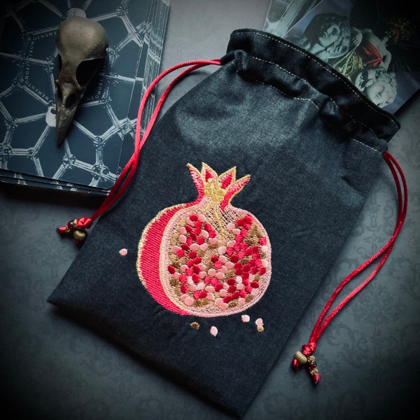 Embroidered Pomegranate Drawstring Bag, Handmade, Silk Lined