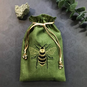 Embroidered Black and Gold, Bee Drawstring Bag, Handmade, Silk Lined