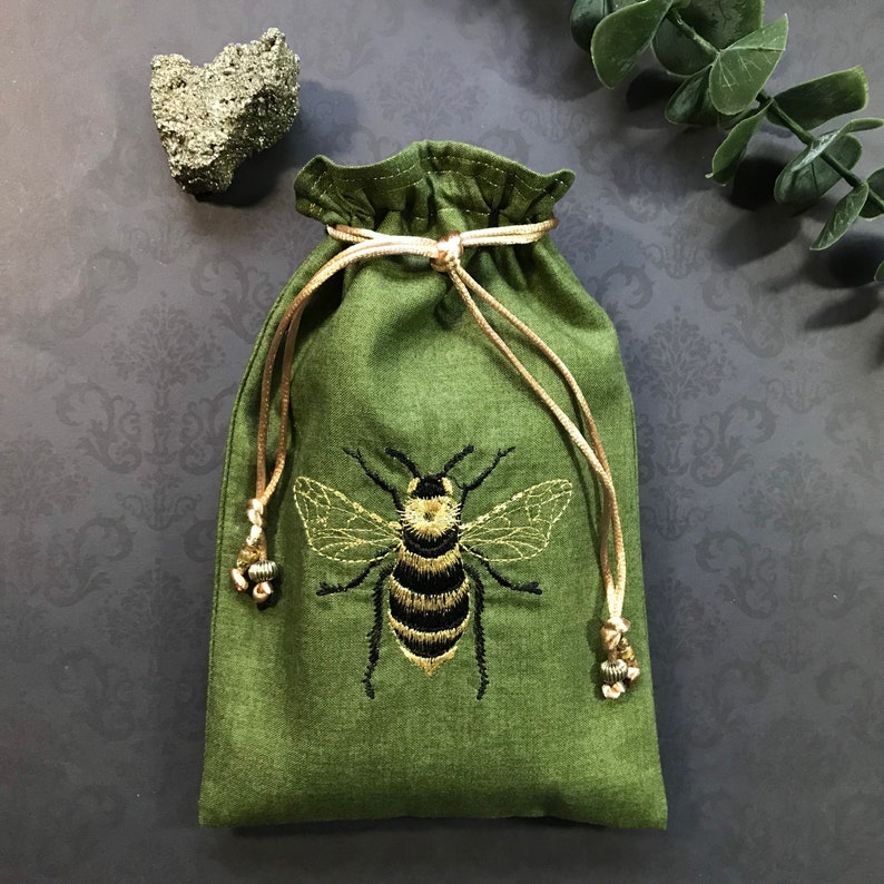 Embroidered Black and Gold, Bee Drawstring Bag, Handmade, Silk Lined 