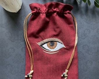 Embroidered Red & Gold Eye Drawstring Bag, Handmade, Silk Lined