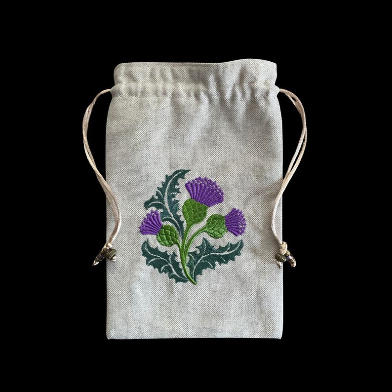 Embroidered Scottish Thistle Drawstring Bag, Handmade, Silk Lined image 1