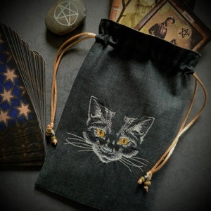 Embroidered Cat Drawstring Bag, Handmade, Silk Lined