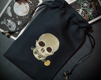 Embroidered Flora Skull Black Drawstring Bag, Handmade, Silk Lined