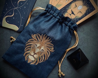 Sac à cordon brodé Lion, fait main, doublé de soie