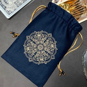 Embroidered Navy Mandala Drawstring Bag, Handmade, Silk Lined