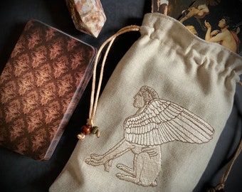 The Greek Sphinx Drawstring Bag, Handmade, Silk Lined