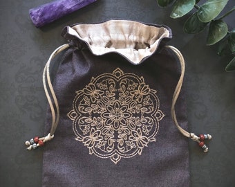 Embroidered Mandala Drawstring Bag, Handmade, Silk Lined