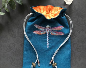 Embroidered Dragonfly Drawstring Bag, Handmade, Silk Lined