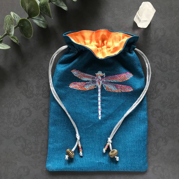 Embroidered Dragonfly Drawstring Bag, Handmade, Silk Lined