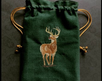 Embroidered Stag on Handmade Drawstring Bag Green 100% Cotton (Vegan/Pure) Silk Lined