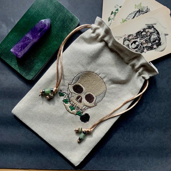 Embroidered Flora Skull Drawstring Bag, Handmade, Silk Lined
