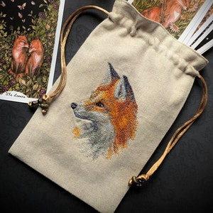 Embroidered Natural, Fox, Drawstring Bag, Handmade, Silk Lined