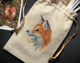 Brodé Naturel, Renard, Sac à cordon, fait main, Doublé de soie