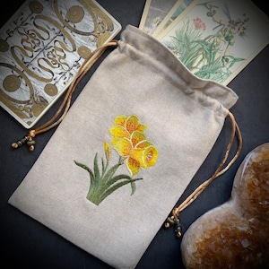 Daffodil Embroidered Drawstring Bag, Handmade, Silk Lined