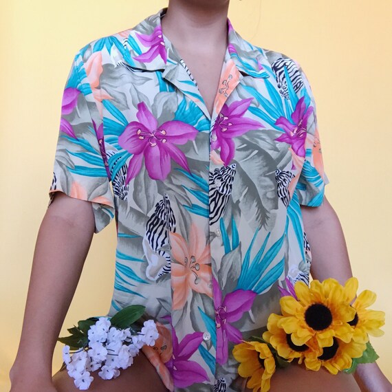 90s floral hawaiian top - image 1