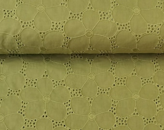 Tissu tissé en coton avec broderie anglaise de fleurs, vert, Textile Rammelkamp