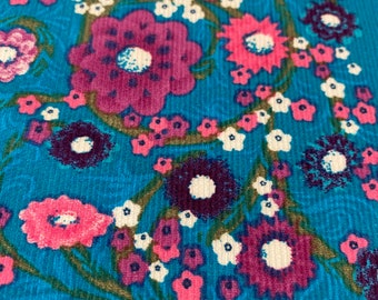 Fine corduroy, patterned - flowers, colorful on petrol