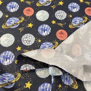 Baumwolle Webware/ Popeline - "Mars and Venus" Weltall/ Planeten, dunkelblau/ navy Design by POPPY